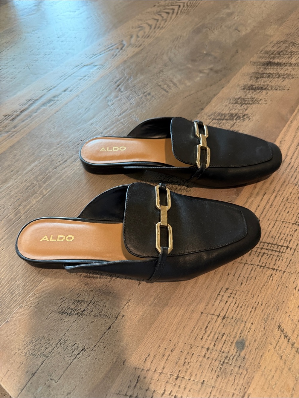 Aldo Black Leather Mule with Gold Chain Detail